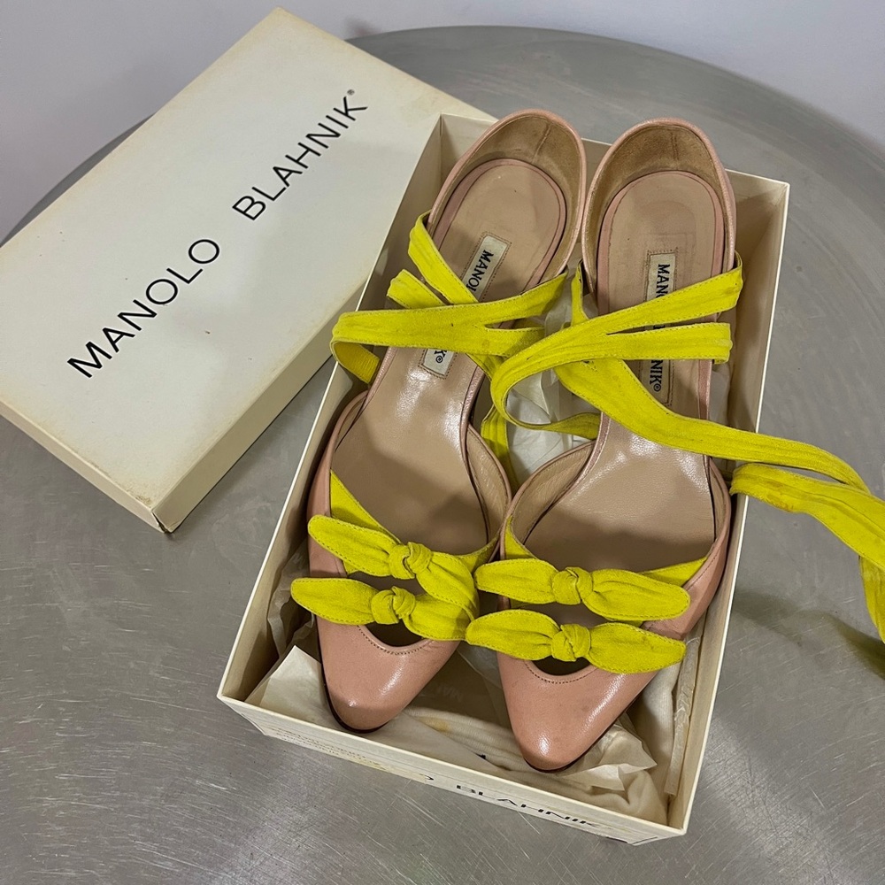 Manolo Blahnik Pink Leather Pointed-toe Heels with Peridot Green Ribbon Straps